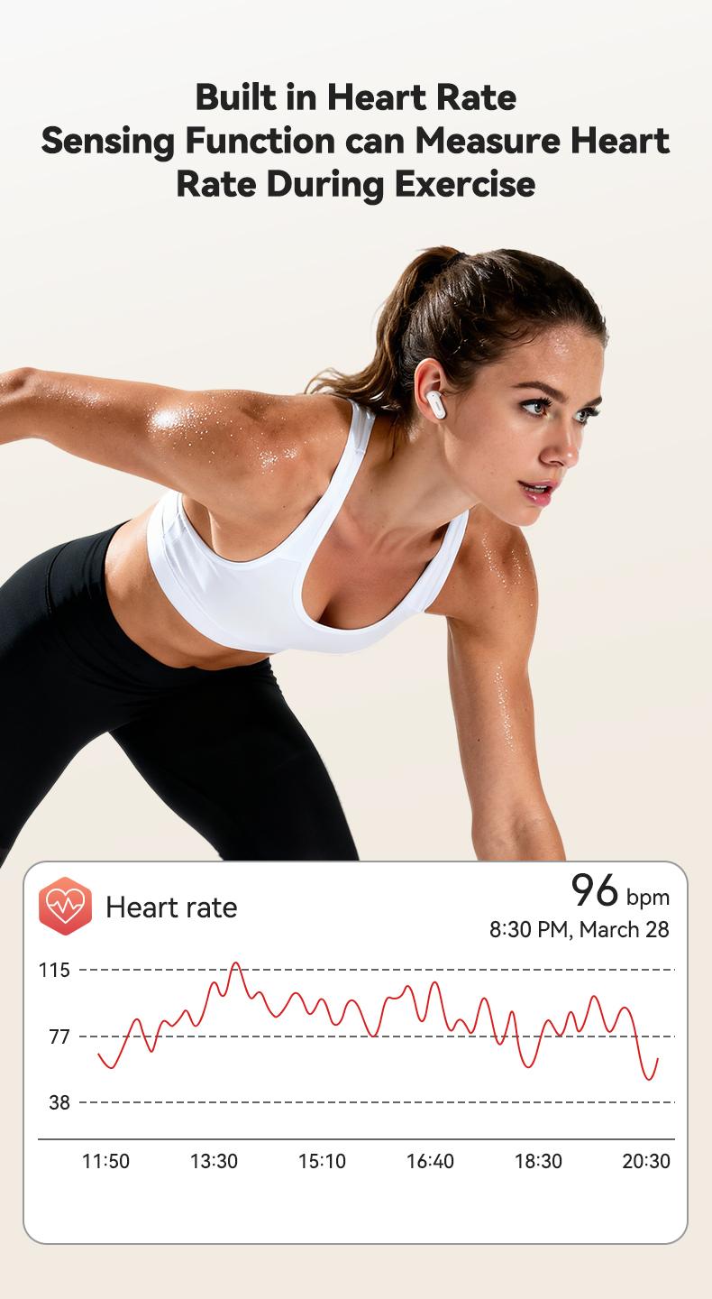 MINISO MS112 Wireless Earphones: Active noise cancellation, real-time translation, heart rate sensing, hearing aid function, Bluetooth connectivity, spatial audio, high-fidelity sound quality, USB-C charging.