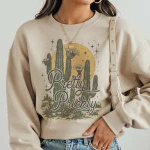Vintage Western Sweatshirt Retro BOHO Pretty Prickly Pullover Desert Cactus Southwestern Sweater Womenswear Casual Vintage Sublimation Print Top Boho Sweatshirt Cowgirl Pullover