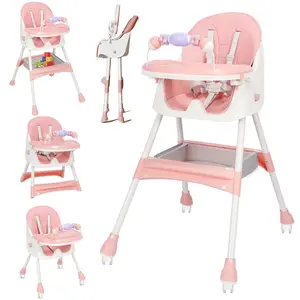 4-in-1 Baby High Chair, Convertible High Chair for Babies and Toddlers, Portable Folding Dining Chairs Eat & Play with Five-Point Harness, Double-Layer Dinner Plate, Toy Rack, Spoon, Fork, Bowl, Pink