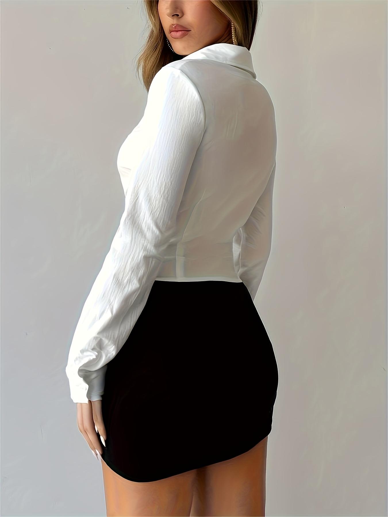 YORA Women's Elegant Office Blouse with Chest Pleats & Stand-Up Collar - Pointed Flared Hem, Semi-Sheer Long Sleeve Shirt for Spring/Fall, Solid Color Top for Work & Daily Wear, Professional Attire, Sophisticated Style,