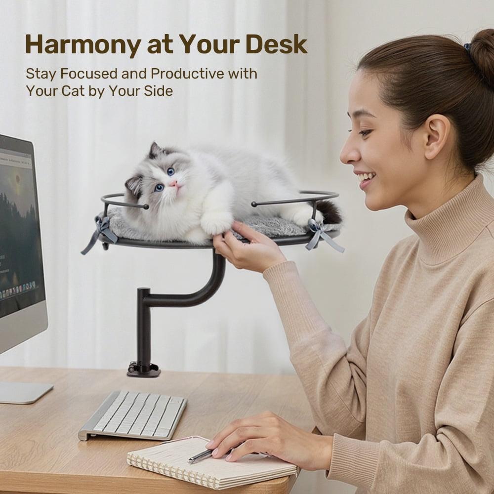 PawGiant Cat Desk Bed, Desk Mounted Perch Attachment, 360°Rotation & Height Adjustable Cat Bed for Desk Holds up to 40lbs, Machine-Washable Plush Cover, Cat Hammock with Washable Cushions, Machine-Washable Plush Cover, for Fun & Comfort Bedding
