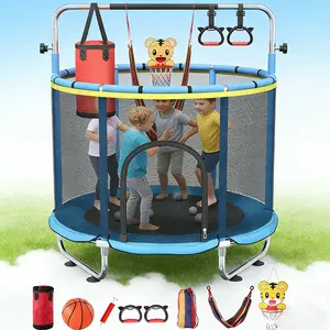 60" Trampoline for Kids with Safety Net, Indoor & Outdoor Toddler Trampoline with Swing, Adjustable Gym Bar & Basketball Hoop, Fun Toy & Active Play for Boys & Girls