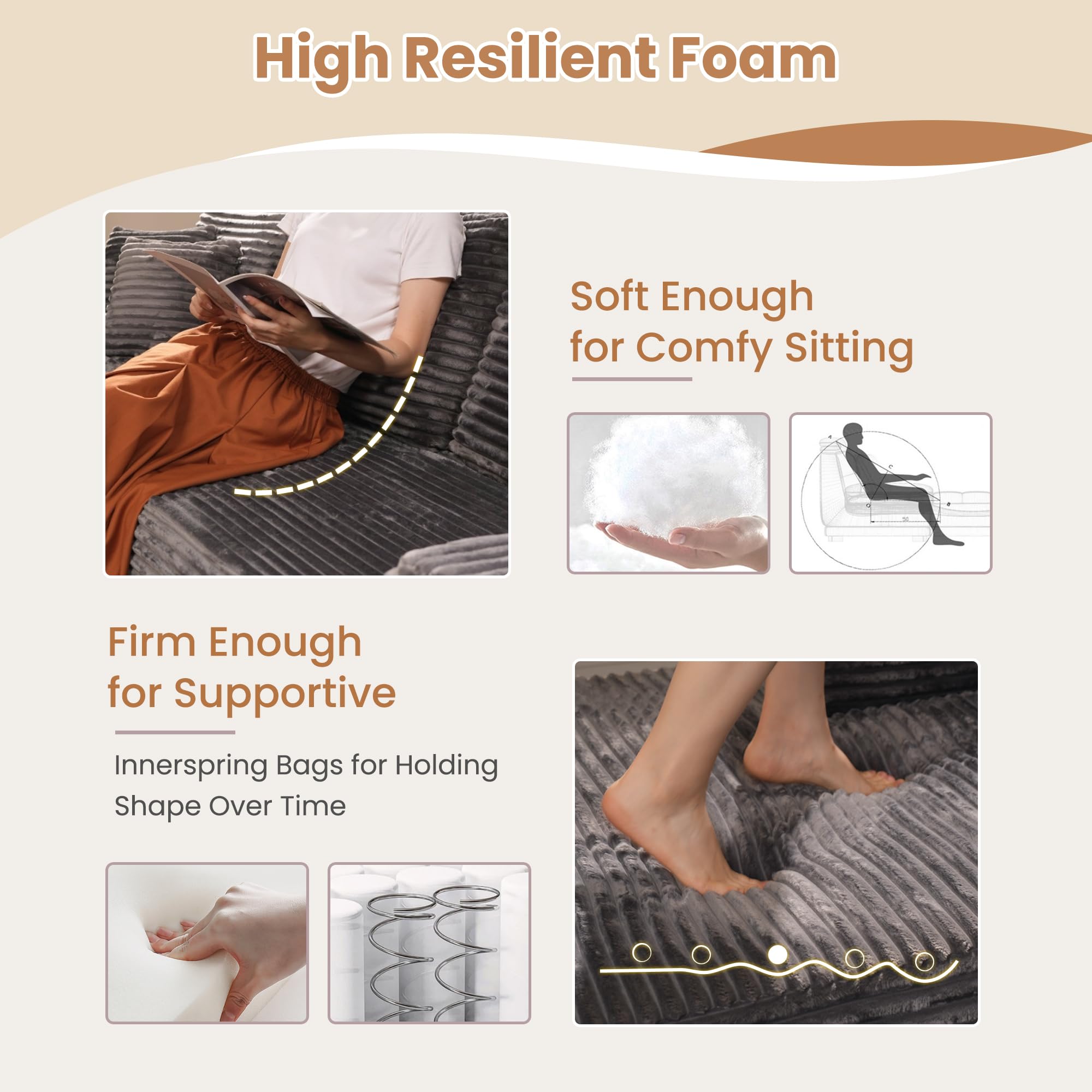 Boneless Cloud Sectional Sofa Couches,Modular Sectional Sofa No Assembly, Plush Corduroy Large U Shaped Floor Couch Set with Deep Seat Ottoman for Living Room