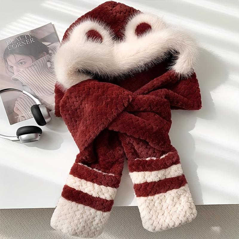High-value balaclava hat in red and white color scheme, perfect for autumn and winter Christmas, featuring a bear design and color blocking for warmth. A three-piece set including a scarf, hat, and gloves.