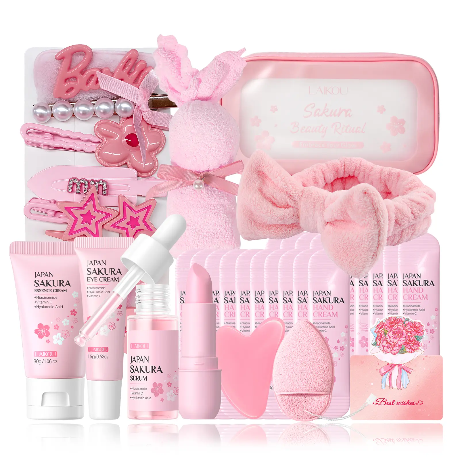 LAIKOU Sakura Travel Size Skincare Set for 10-12 Year-Old Beginner Teens, Cherry Blossom Kit with Serum, Eye Cream, Makeup Bag, Headband, Cute Hair Clips, Girly Feminine Mini Travel Products Self-Care Gift, Girly Feminine Items