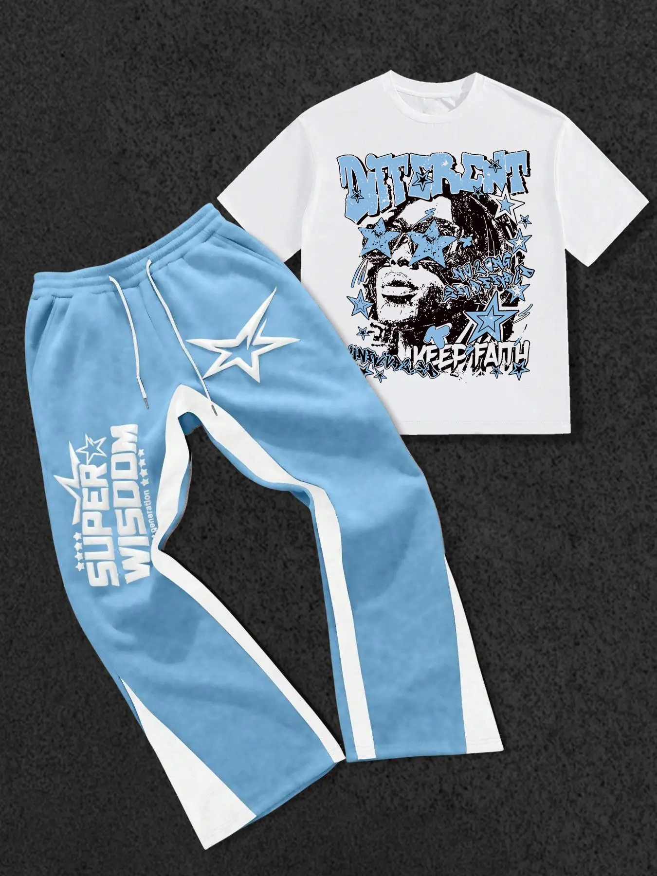 Men's Star and Letter Graphic Print Two-Piece Matching Set, Athletic Crew-Neck Short-Sleeve T-Shirt and Slim-Fit Knitted Trousers Co Ord, Suitable for Casual Everyday Wear in All Seasons Outfits Menswear Activewear Sport
