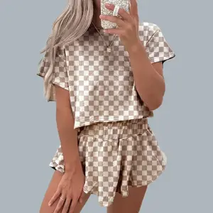 Women‘s Two Piece Set Checkerboard T Shirt and Ruffle High Waist Skort Set 2025 Summer Casual Sets for Daily WearT6N3