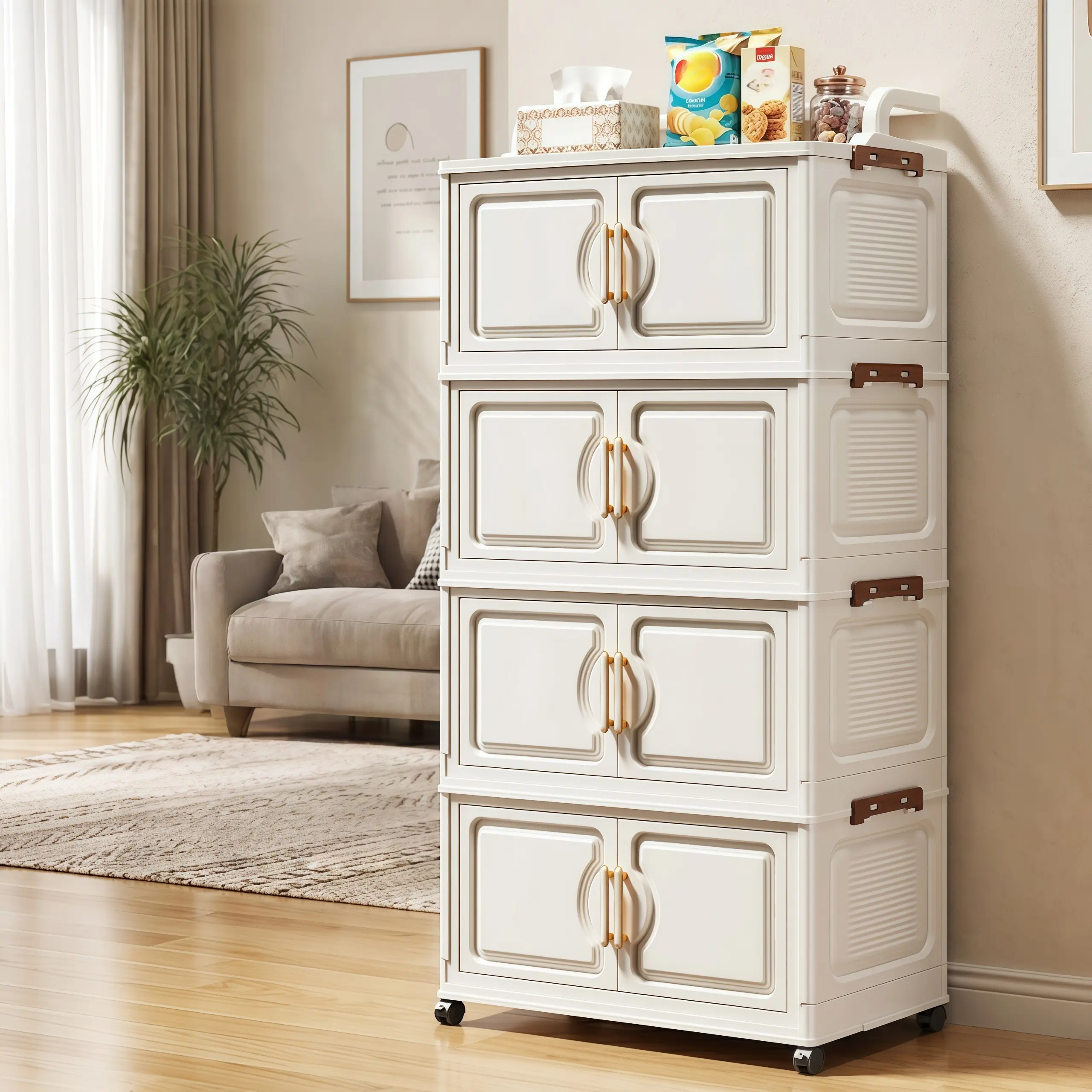 Multi-Tier Foldable Modern Home Storage Cabinet - Lockable 360° Wheels, Magnetic Doors, No Assembly 5-Min Install, Closet Storage Organizer, Organizer Boxes, Rolling Unit for Bedroom, Bathroom, Modern Cabinet, Stackable Storage