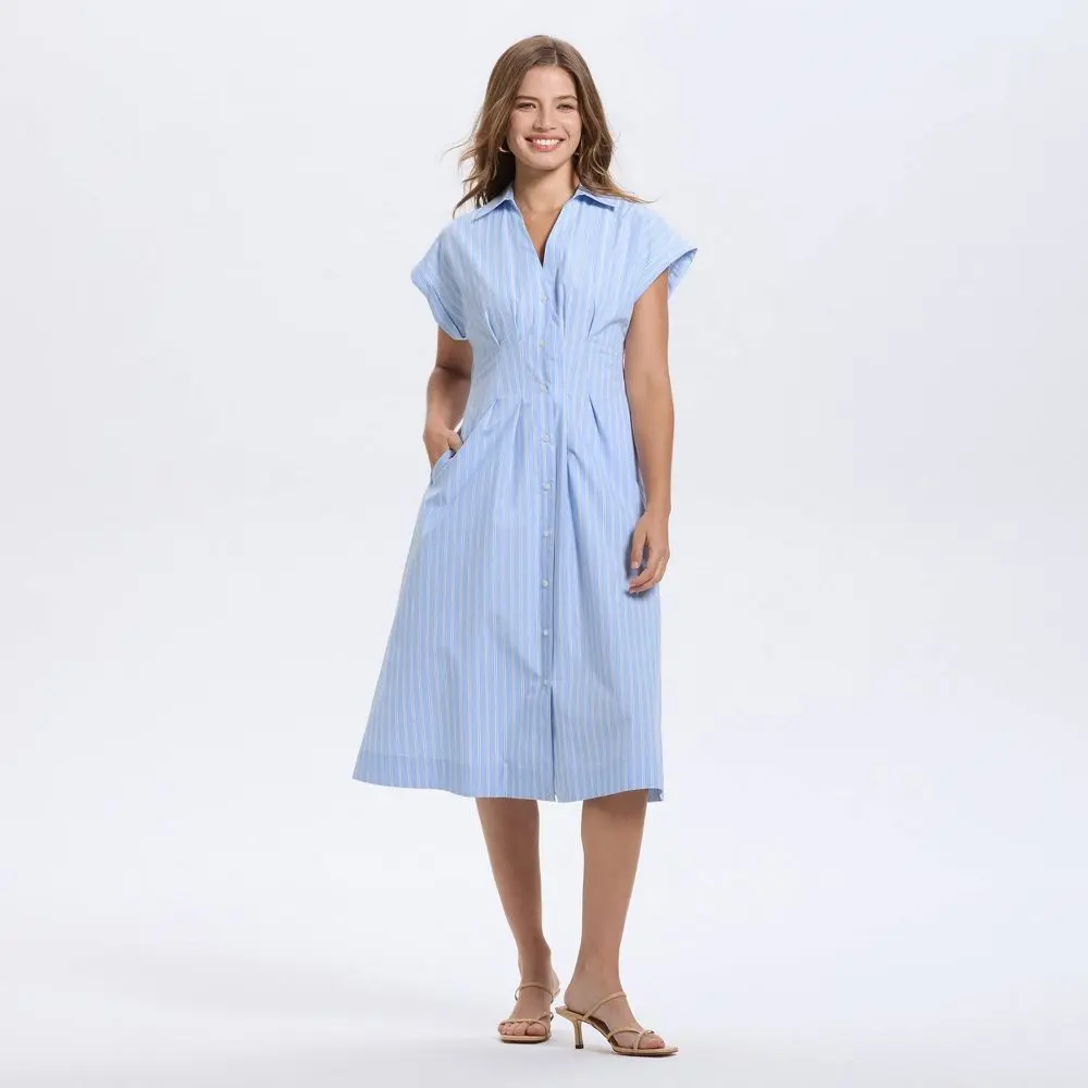 Women's Basic Short-Sleeve Pleated Midi Shirtdress Garment, Button-Front Casual Wear - A New Day