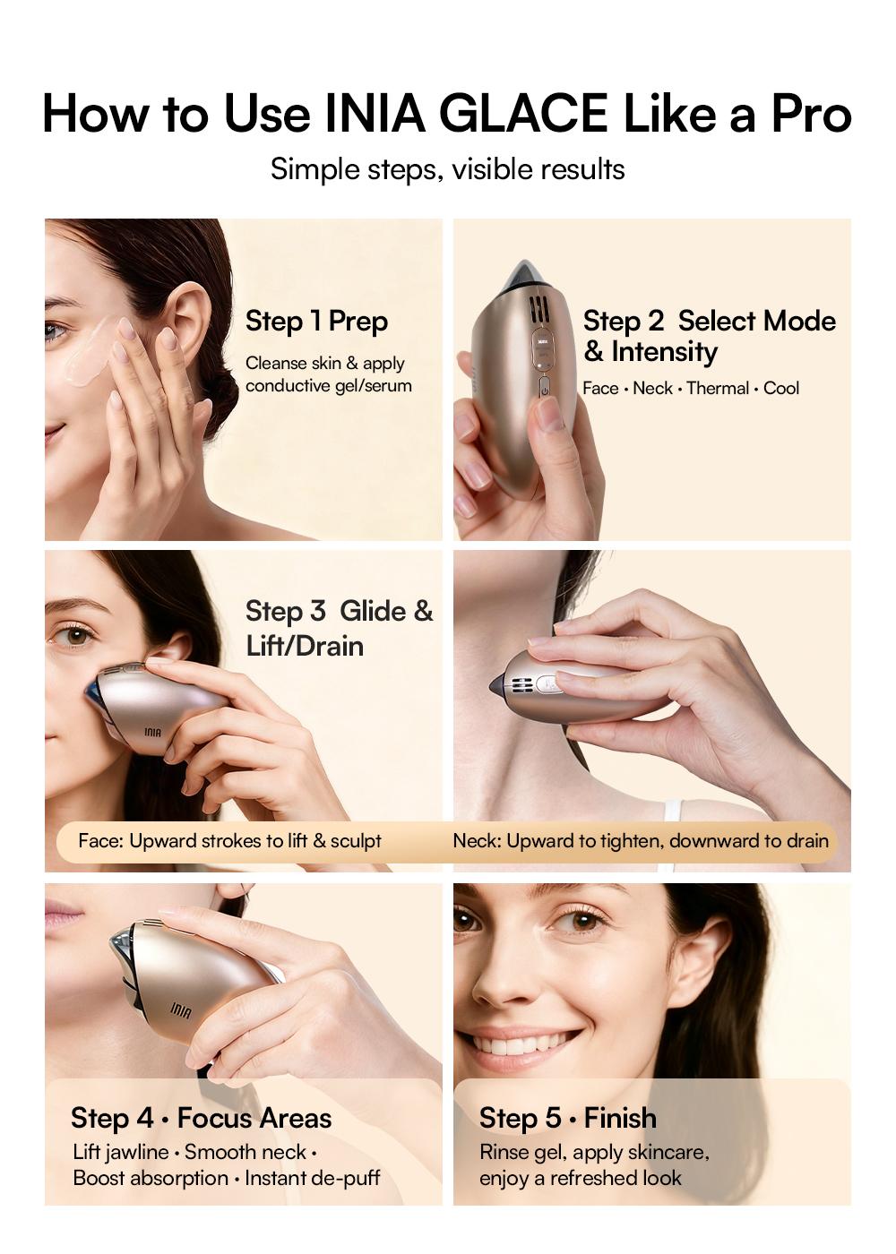 INIA GLACE & FLARE Bundle – All-in-1 Face & Neck Sculpting Beauty Device for Lymphatic Drainage with Microcurrent Lifting, Lift, Tighten, De-Puff, Serum Infusion, Red & Blue Light, Thermal & Cryo Therapy, Buy 1 Get 4, Ideal Gift Set