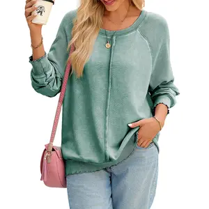 Shewin 2026 Spring Cozy Distressed Waffle Knit Sweatshirt Women’s Long Sleeve Pullover Soft Layering for Casual Daily Leisure Looks Ultra-soft Lightweight & Breathable Tie-Dye Fabric - Womenswear SpringStatements