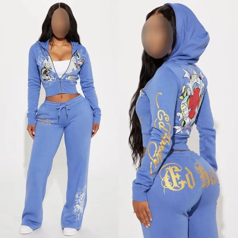 Women's 2-Piece Hoodie Sweatpants Set, Casual Letter Print Athletic Tracksuit with Zip-Up Hoodie for Lounging & Workouts, Matching Tracksuit, Loose Tracksuit