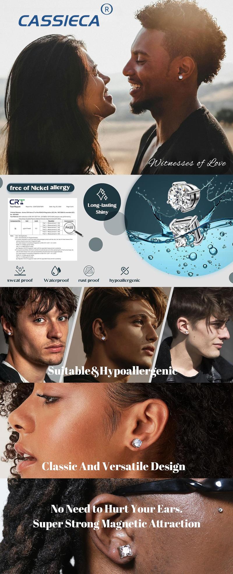 Cassieca 2 Pairs Stainless Steel Magnetic Stud Earrings for Men Women Non-piercing CZ 5-8MM FallFreshness