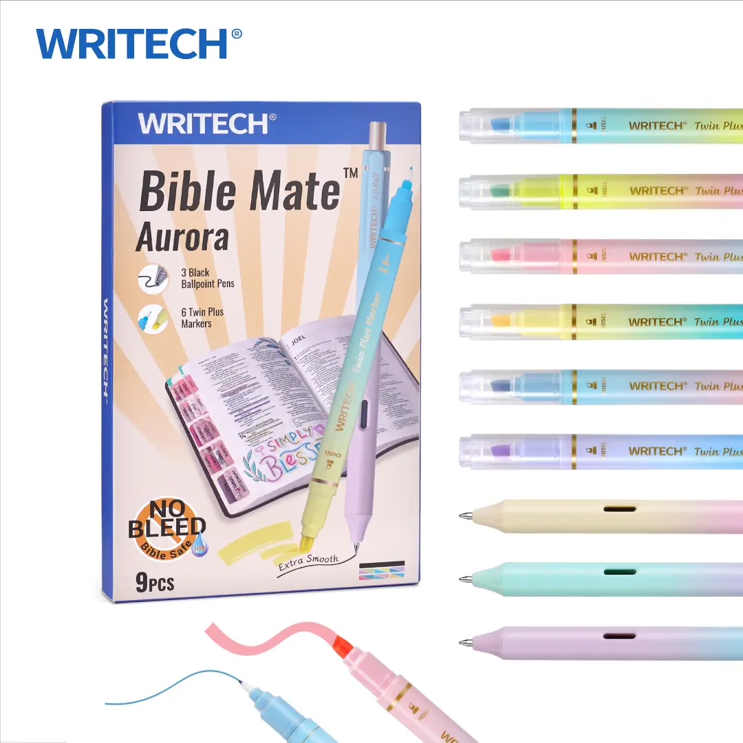 WRITECH Bible Mate Journaling Set: 1.0 mm Black Ballpoint Pens, Bible Safe Dual Tip Highlighters, 9ct Pastel Colors, Ideal for Bible Writing