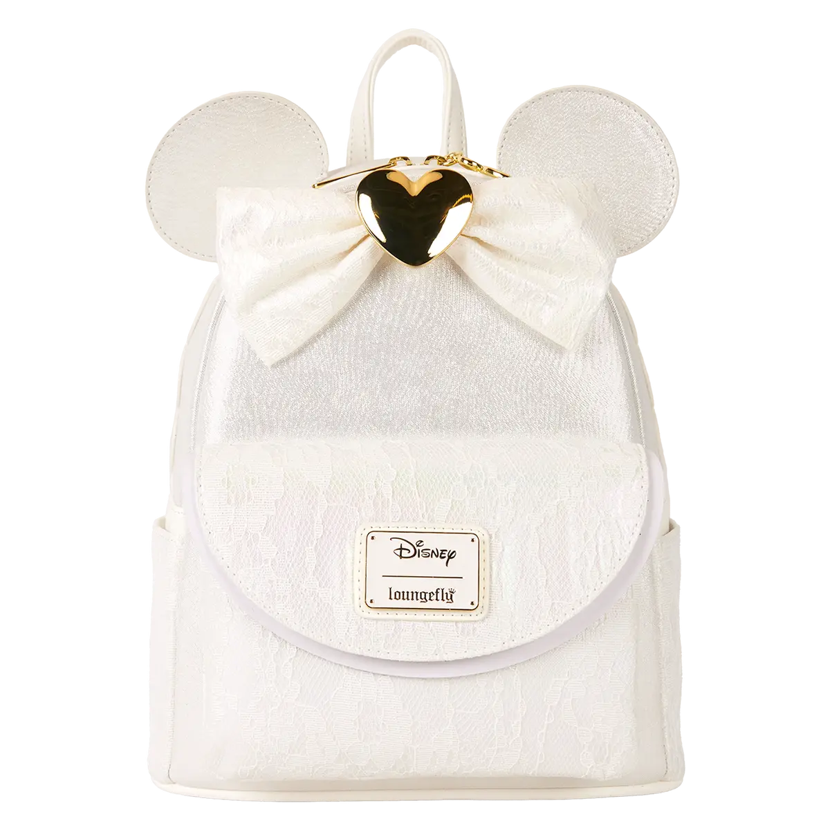 Loungefly Disney Minnie Mouse Wedding Iridescent Lace Faux Leather Mini Backpack for Brides with 3D Bow and Scalloped Trim, Backpack Bags, Adjustable Straps, Ethereal Accessory, Front Pocket, Glam Lace Front