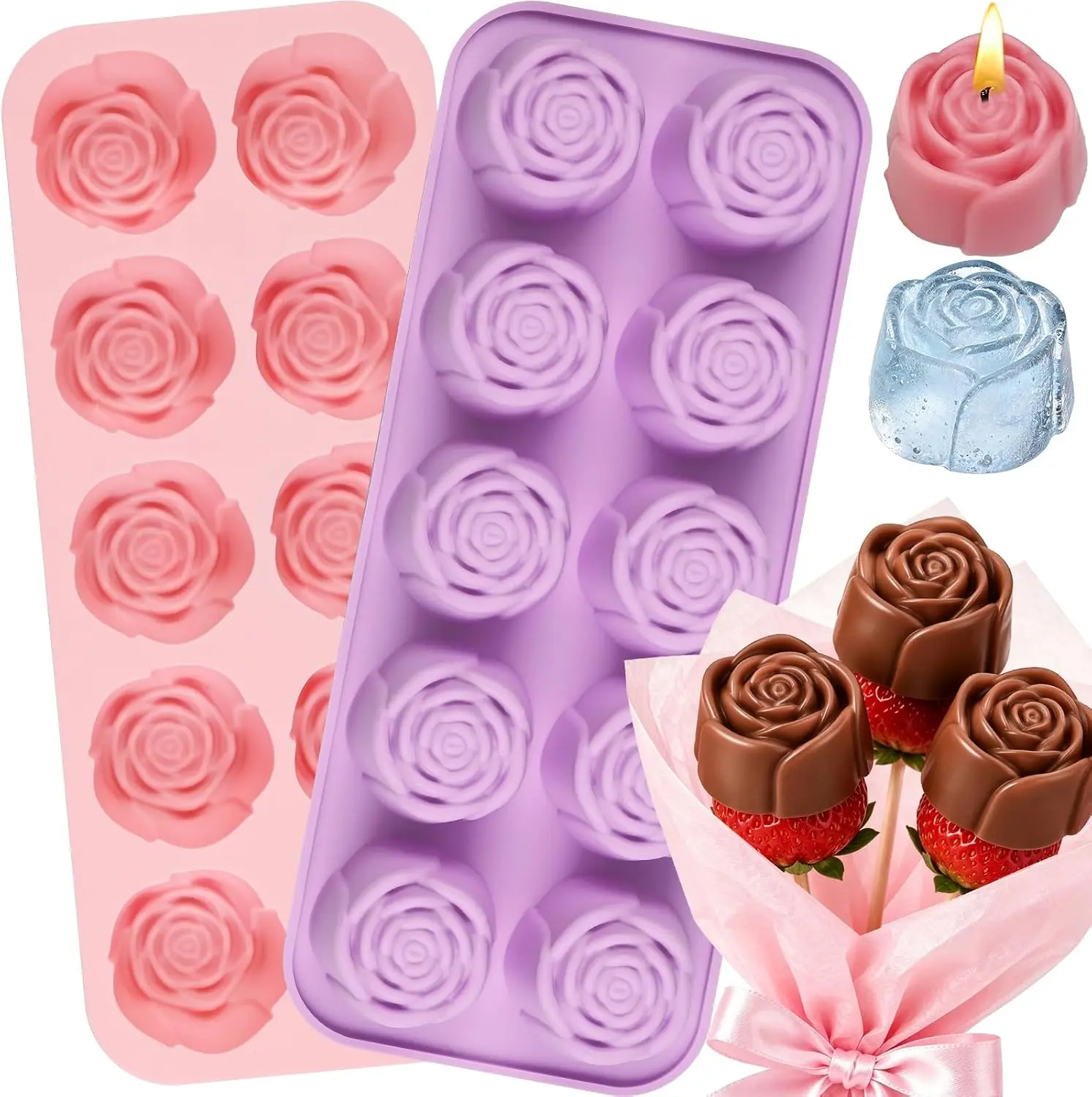 2-Pcs Rose Silicone Mold Set, 20-Cavity Flower Molds for Chocolate, Soap, Candles - Home Improvement Birthday Craft Supplies