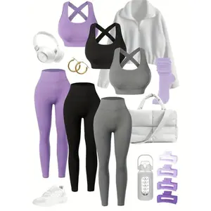 3 Pieces, Women's High Waist Yoga Leggings Suit, Built-in Bra, Seamless Design, Breathable Fabric, All Seasons Wear (Excluding Sweatshirt and Accessories) Workout Running Outfits Workout Sportswear