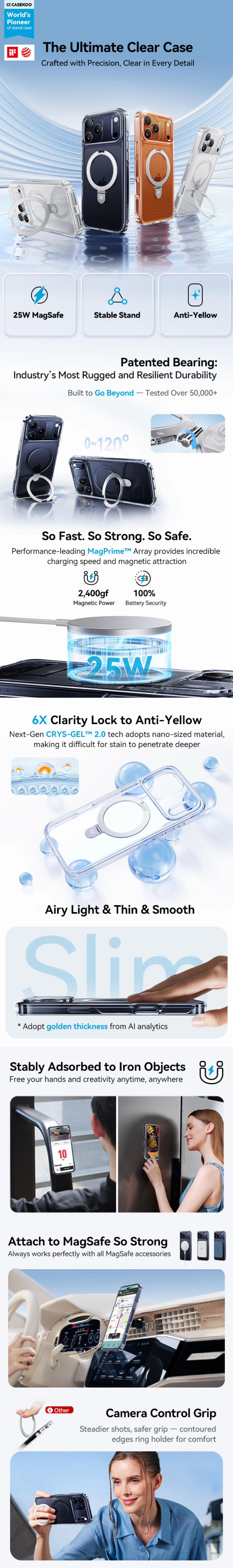 CASEKOO Ultra Clear Magnetic Stand iPhone 17 Pro Max Case [Compatible with MagSafe] [16FT Military-Grade Protection] Transparent Slim Phone Ring 17 Pro Max Phone Cover 6.9 inch, Clear