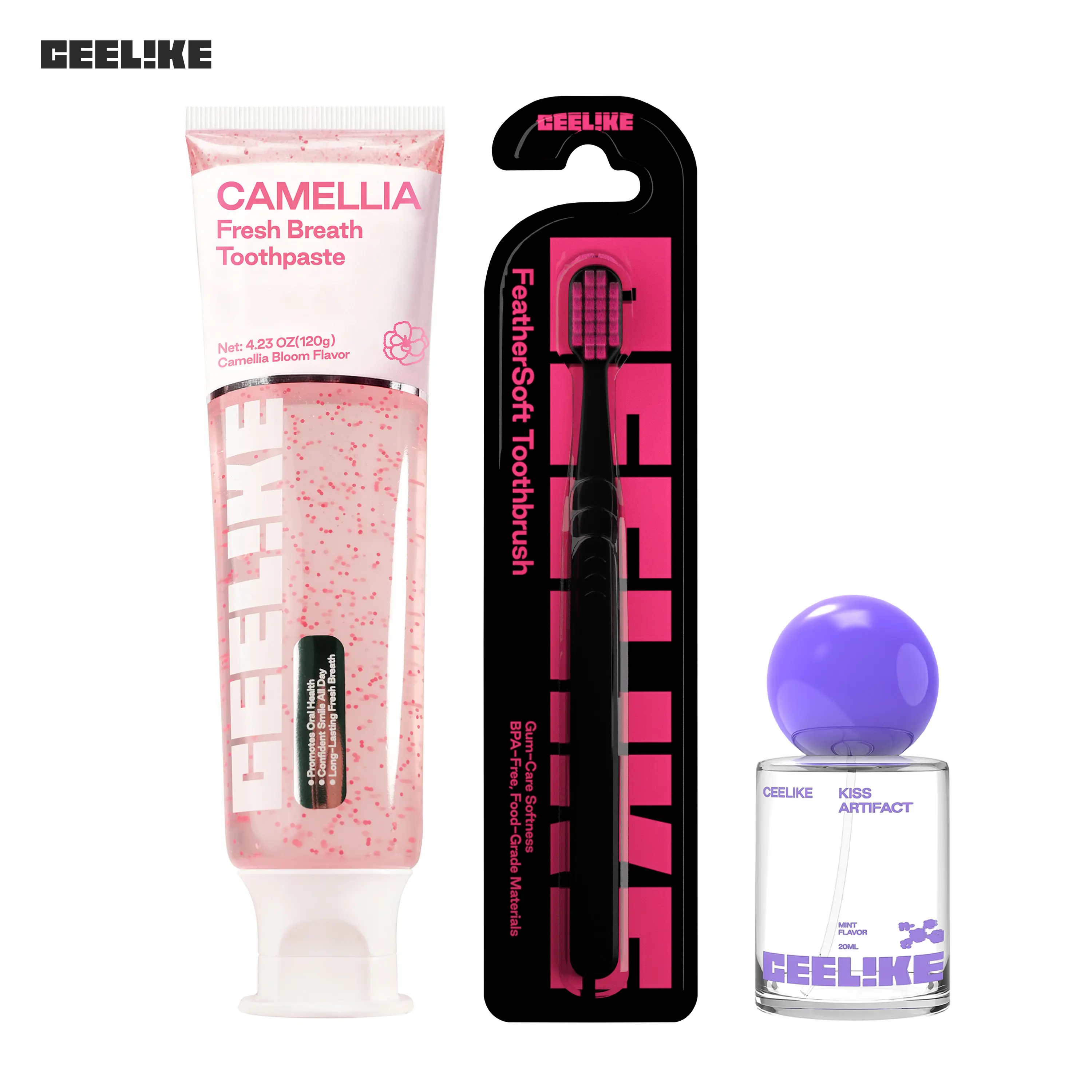 CEELIKE 3-Piece Set – Camellia Bloom Mint Toothpaste, Toothbrush & Compact Oral Spray, Refreshing Flavor CEELIKE 3-Piece Set – Camellia Bloom Mint Toothpaste, Toothbrush & Compact Oral Spray, Refreshing Flavor