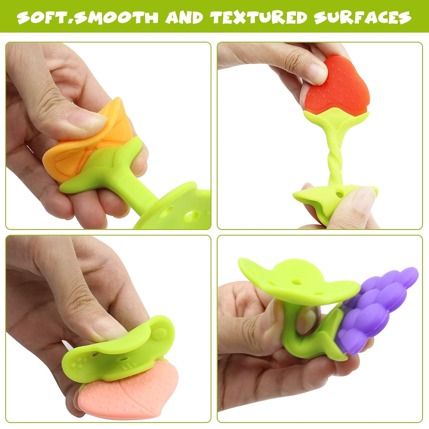 5-Pack Soft Fruit Silicone Teething Toys for Babies (0–12 Months) – Chill-and-Chew Stick-and Freeze Safe Infant Teethers