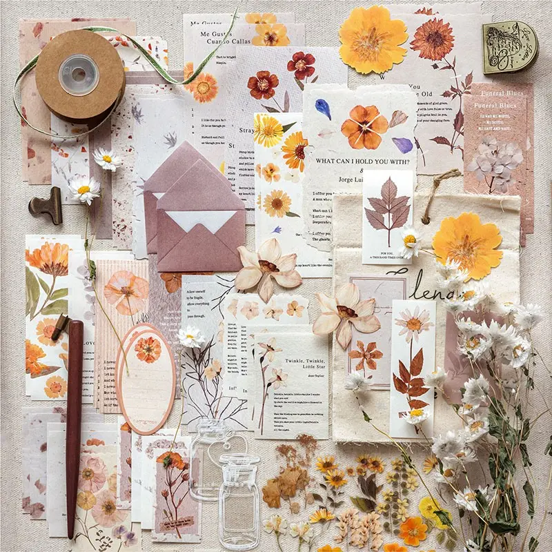 1 Pack 100 Sheets Planner Sticker Set, Vintage Floral Decorative Stickers, Mixed Materials, Large Collection, Dried Flower Post Office Series
