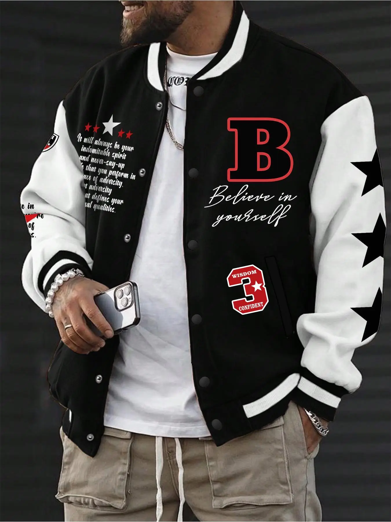 Plus Size Men's Slogan & Stars Print Button Front Thermal Lined Varsity Jacket, Casual Fashionable Jacket, All Season Jacket, Casual Regular Fit White and Black Colorblock Long Sleeve Pocket Baseball Collar Outerwear for Fall & Winter, Menswear