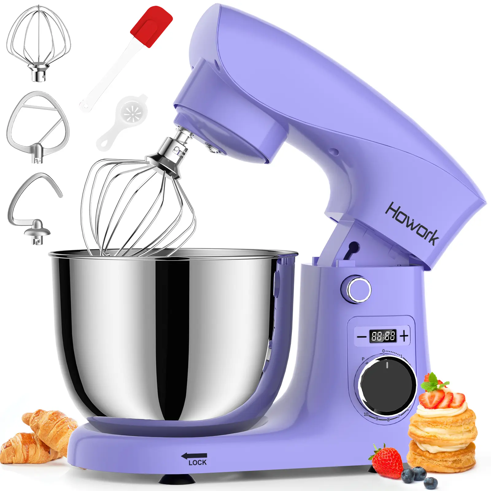 HOWORK 5-Quart Stand Mixer, 10-Speed Tilt-Head Electric Mixer with 3-in-1 Attachments, Stainless Steel Bowl, Dough Hook Whisk Flat Beater, Home Baking Food Mixer for Kitchen Daily Use