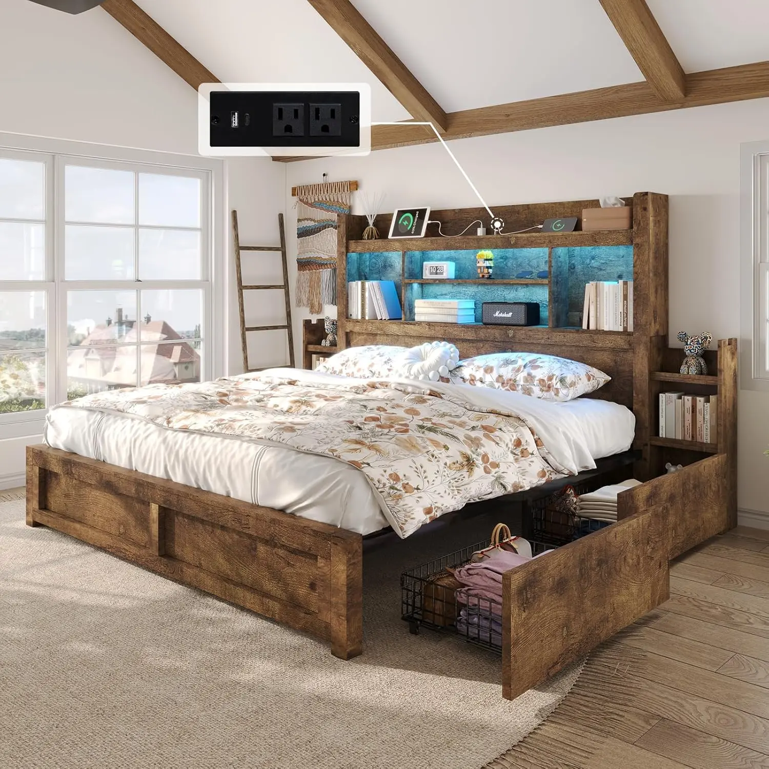 【Ships in 2 Boxes】AMERLIFE Bed Frame with 49.6" Bookcase Headboard & 2 Bedside Stoage Racks & 4 Drawers, Farmhouse Wood Bed Frame with RGB LED & Charging Station, No Box Spring Needed #homemakeover