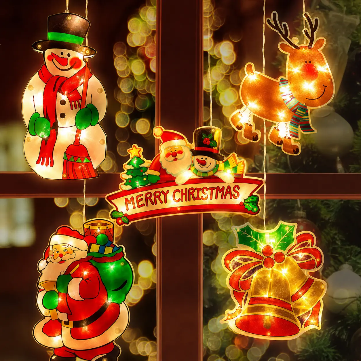 Christmas Window Lights Decorations Silhouette Lighted Sign | Battery Operated String Lights, Tree Snowman Santa Bell Designs, LED Backdrop Lights for Window Indoor Outdoor Holiday