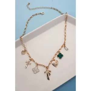 CHARM NECKLACE-GREEN CLOVER BOW CROSS HEART