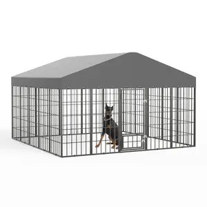 [2026 New Upgrade] Kullavik 10x10ft Heavy Duty Outdoor Dog Kennel, Galvanized Steel Dog Cage with Roof Cover, Waterproof UV-Resistant Dog Fence with Feeder Door for Large Dogs