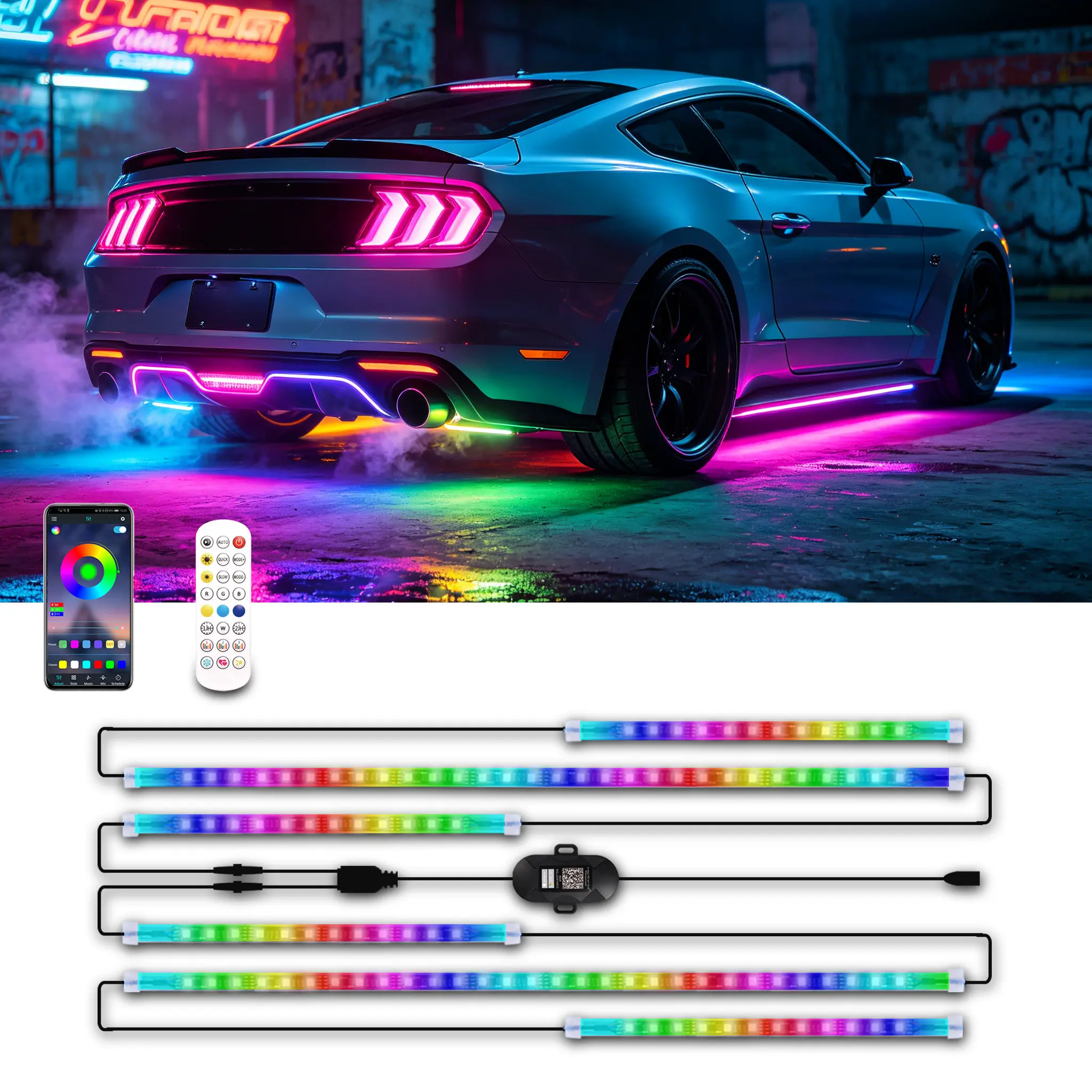 6Pcs RGB LED Car Underglow Neon Light Strip Kit, Music-Sync Flowing Mode, APP & Remote Control, Easy-Install Underbody Ambient Lighting for SUV, Truck, Sedan