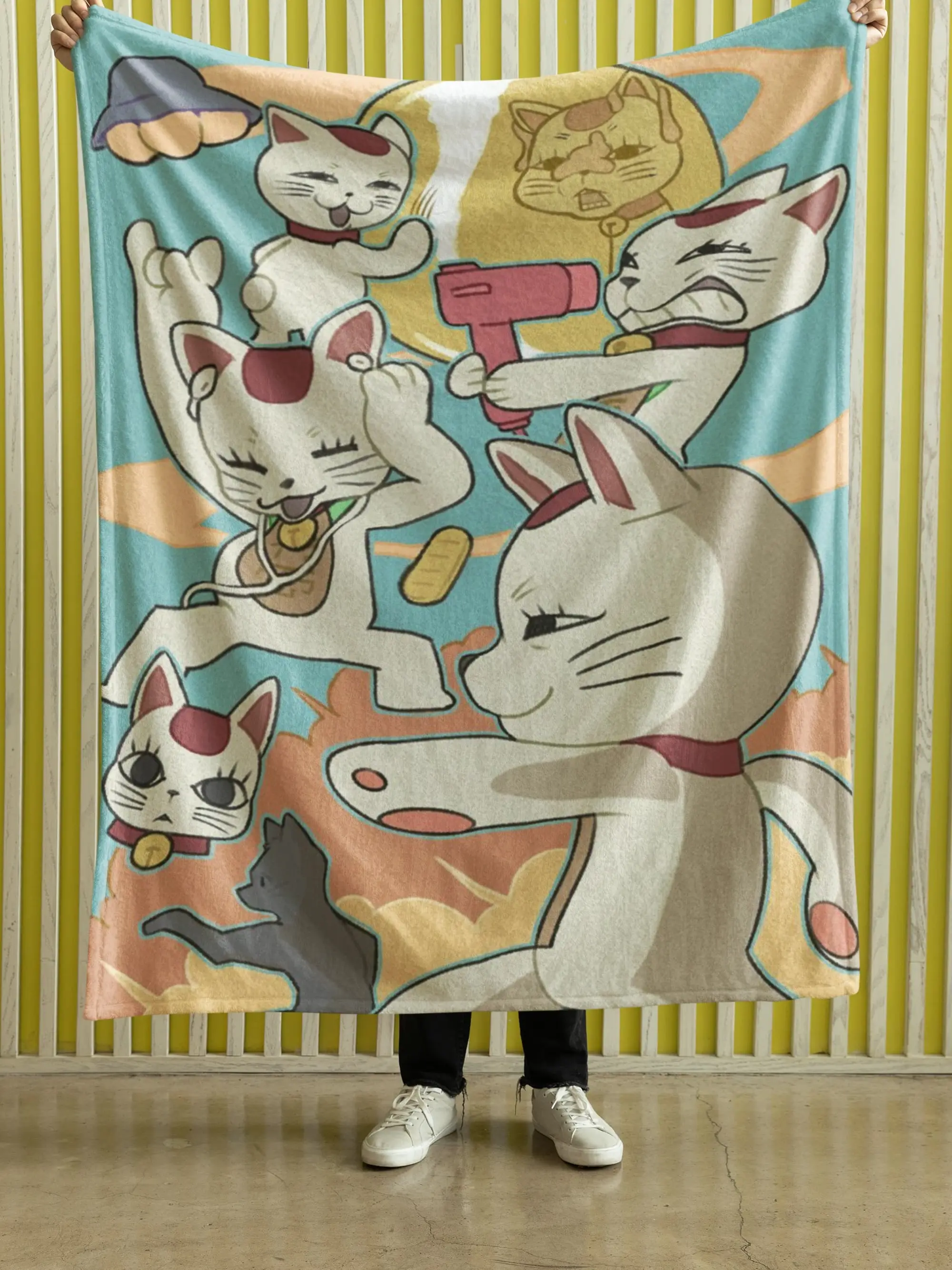 Dandadan Turbo Granny Chibi Character Print Fleece Blanket - Kawaii Lucky Cat Classic Anime Throw, Ultra-Soft Microfibre, Smooth Texture, Durable, Lightweight, Machine Washable, Adult Manga Fan Gift for Indoor Room Decor