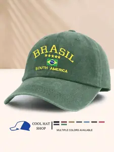 VYNCE HAT1pc Vintage Washed Brazil Star Print Summer Sun Protection Baseball Cap, Retro Hipster Hip-Hop Curved Brim Hat, Adjustable Unisex Sun Visor Cap