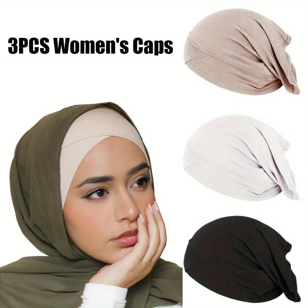 Women's 3-Pack Basic Breathable Cotton Knitted Hijab Undercap - Elastic Cross-Front Tube Cap, Sweat-Absorb Fabric, for Muslim Teen Girls Daily Praying, Modesty, Easy On/Off, Solid Color Ideal Gift