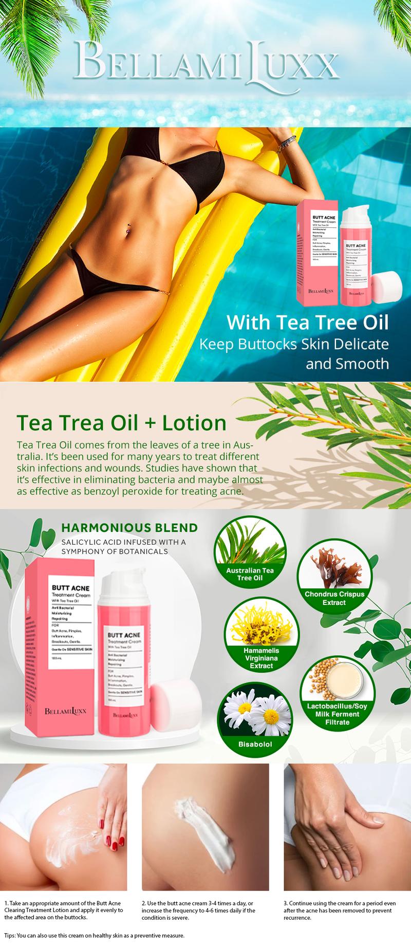 BellamiLuxx Butt Acne Clearing Treatment Cream: Body Acne Treatment for Folliculitis and Pimples on Buttocks, Thighs With 2% Salicylic Acid & Tea Tree Oil - Butt Cream for Smooth Skin