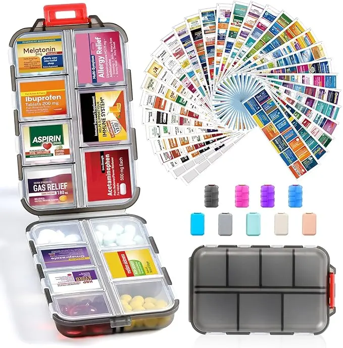9 colors 14 Grids Travel Pill Organizer Box with 146-Pcs Medicine Name Labels - Pocket Daily Pharmacy Case Container Kit - Travel Medication Holder Dispenser for Fish Oil Vitamin Supplement Storage