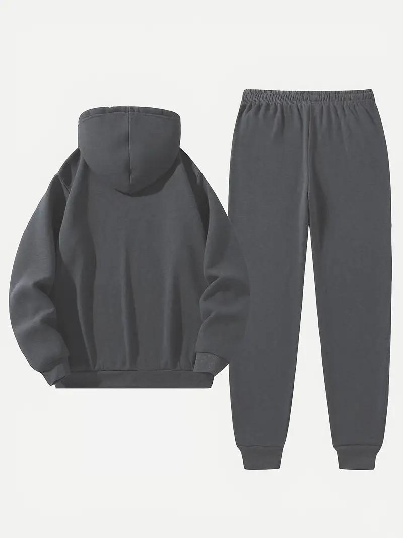 Men's Complete Outfit - Stylish Hooded Sweatshirt & Joggers Set with BLACK Print Gray Casual Streetwear Long Pants Matching Hoodie Perfect for Fall Winter Cozy Clothing Sporty Look Non Stretch Fabric