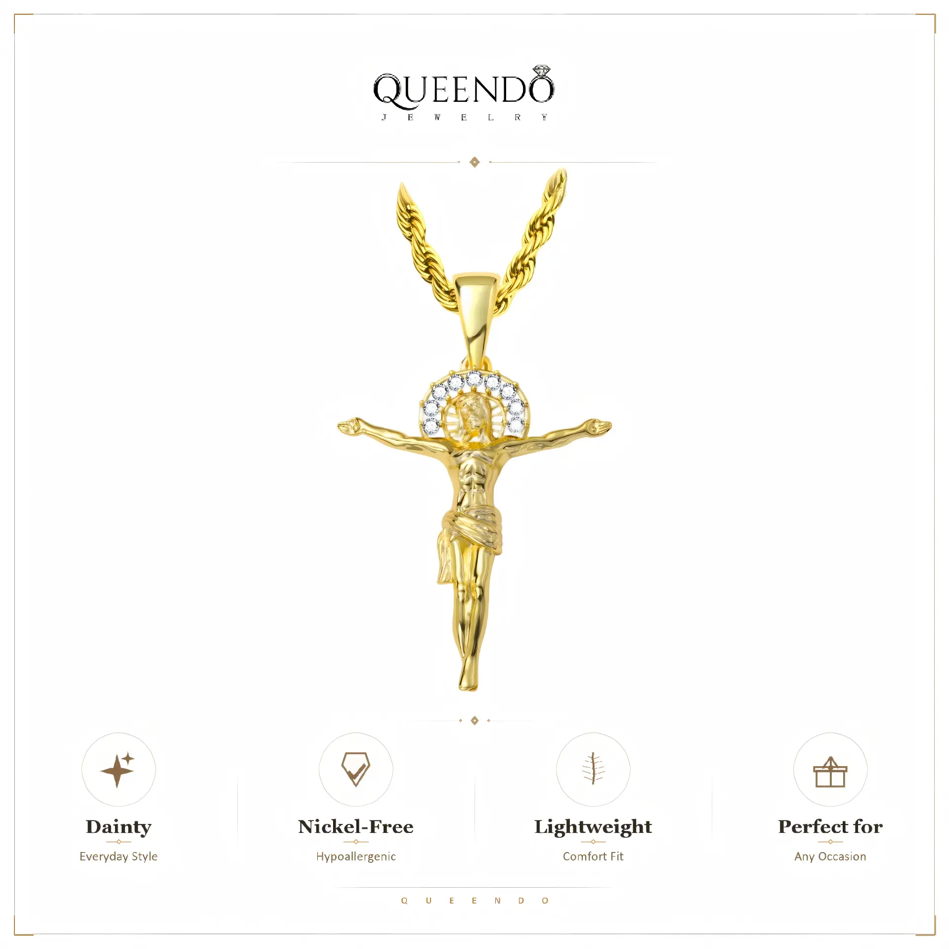 QUEENDO Jesus Christ Crucifix Pendant Necklace, Iced Halo Crown Shiny Stone Religious Charm, 14K Gold Plated 3D Figure Pendant with Rope Chain, Faith Inspirational Neck Jewelry, Adjustable Link Bracelet, Daily Party Jewelry Gift