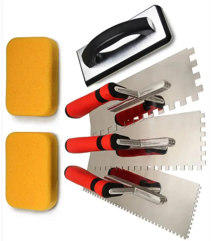 Professional Tile Installation Tool Set – Stainless Steel Square Notch Trowels, Rubber Grout Float & Cleaning Sponges for Tiling, Flooring & Home DIY Renovation