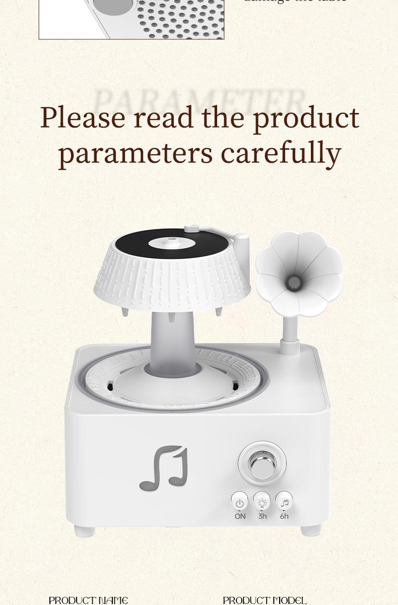 Phonograph-style aroma diffuser and humidifier with white noise and Bluetooth music, includes essential oils, features multiple natural sounds, automatic shut-off when water runs out, and ultrasonic raindrop rotation. A high-end white aroma diffuser gift.