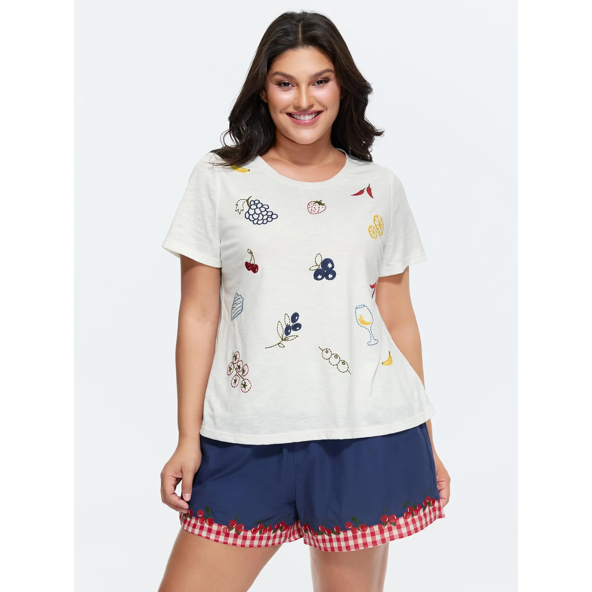 BloomChic Plus Size Fruit Embroidered Tee, Playful Round Neck Short Sleeve in a Comfy, Breathable Fabric for Everyday Wear, Simple, Outfits, Spandex, Shortsleeve, Tshirt, Cotton, Garment, Comfy Casual, Fruit Print, Playful Look, Regular Length, Low Iron,