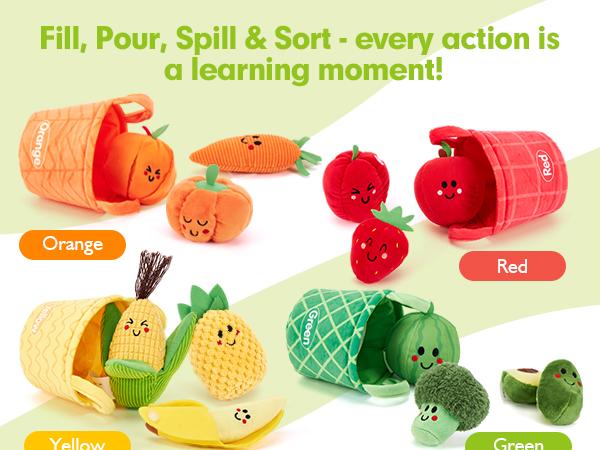 Hahaland 16Pcs My First Fruit Vegetable Color Sorting Color Play Food Toddler Toy with Crinkle Rattle Sound Montessori Educational Toy for Babies 6-12 Months Safe Soft Durable 6M+ 1-3 Years Birthday Christmas Valentine's Day Gift for Kids