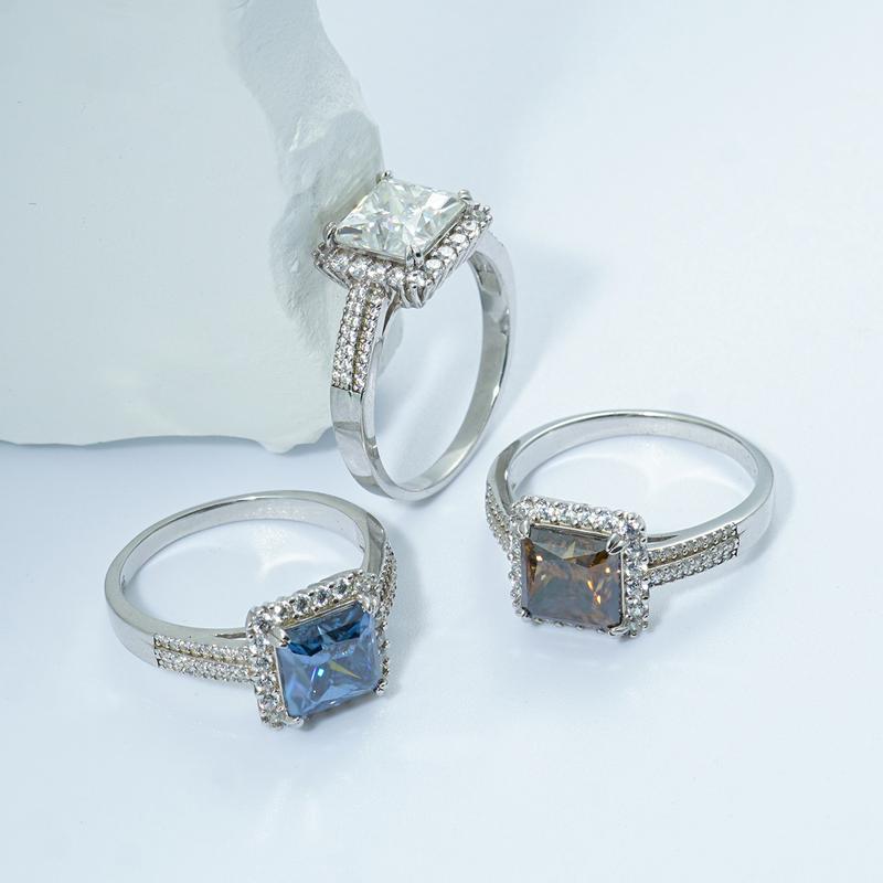 Delzzad 3ct Halo Ring Princess Synthetic Moissanite Ring Band S925 Christmas Gift