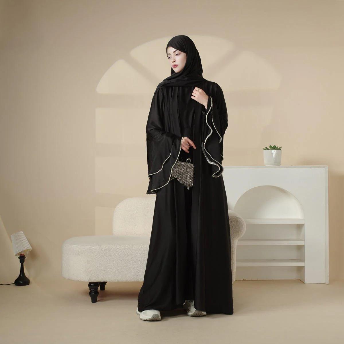 Elegant Satin Crepe Ruffle Sleeve Abaya Set 5-Piece Modest Dress with Belt, Hijab, Inner Dress & Triangle Skirt | Luxurious Full-Length Design, Side Pockets, Customizable Sizes | Perfect for Ramadan, Eid,MOA033