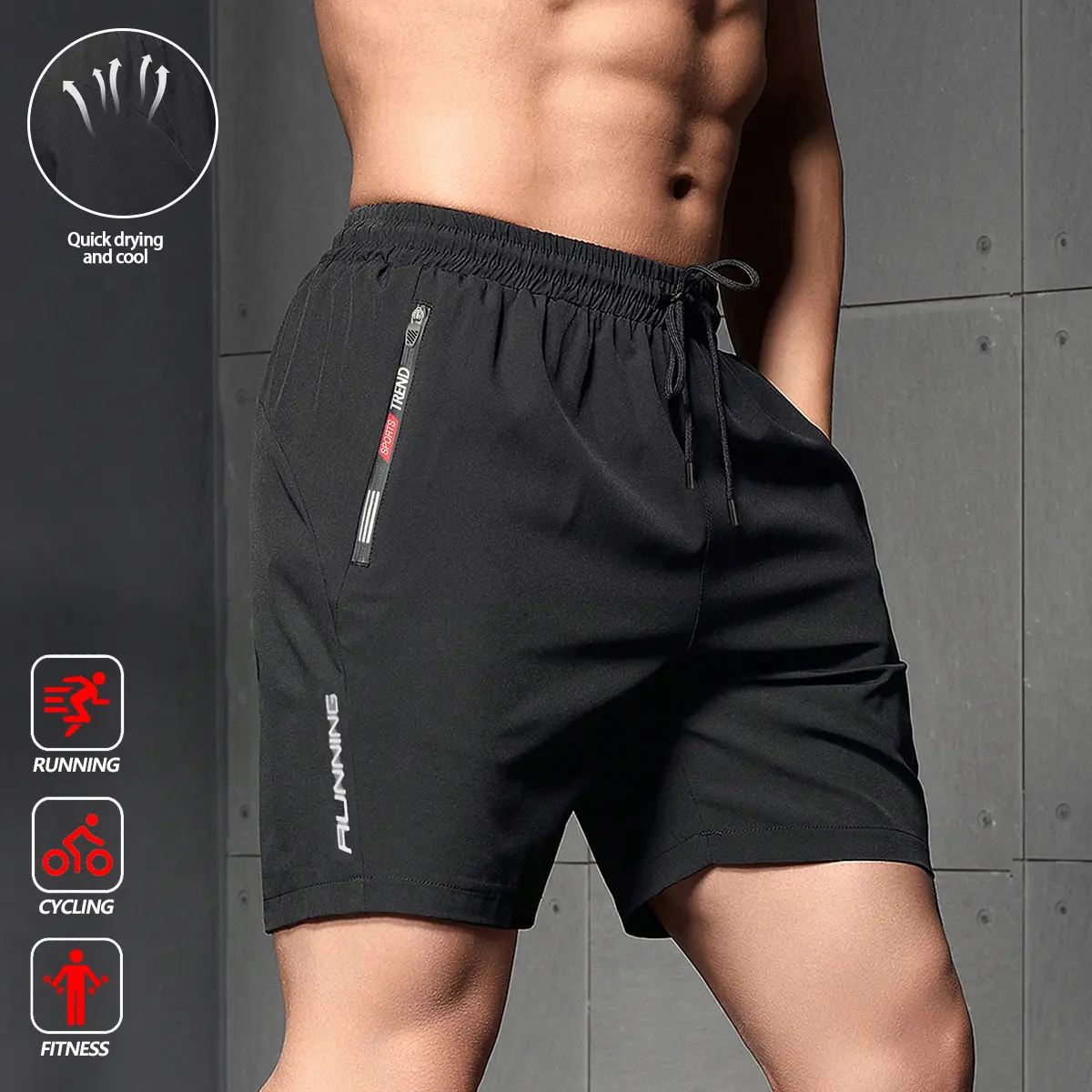 Men’s trendy athletic shorts made from breathable, quick-dry fabric with zippered pockets—ideal for fitness enthusiasts, running, everyday wear, and commuting.