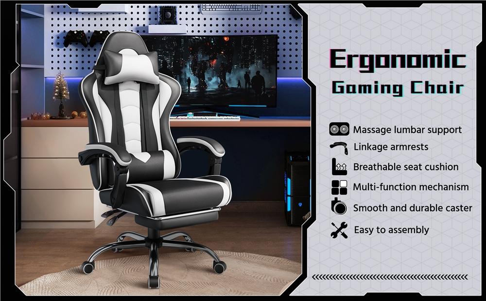 【Massage Function】Yaheetech Ergonomic Gaming Chair with Massage Lumbar Support and Footrest, Swivel Rolling Chair and Headrest,Pu leather Desk Chair Reclining tall gaming