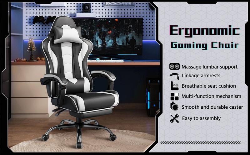 【Massage Function】Yaheetech Ergonomic Gaming Chair with Massage Lumbar Support and Footrest, Swivel Rolling Chair and Headrest,Pu leather Desk Chair Reclining tall gaming