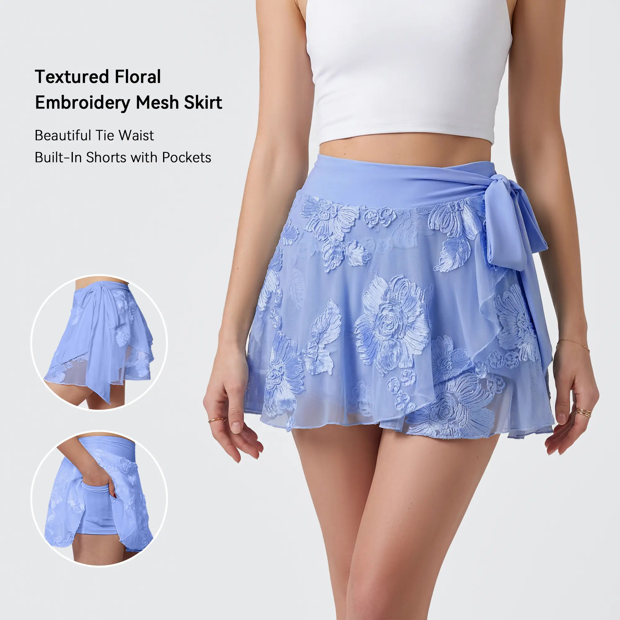 OYV Women's Flower Embroidered Mesh Wrap Skirt - Lace Waist Mini Skirt with Built in Shorts Pocket Yoga Casual Skirt Skirts With Shorts Underneath Fashion Sports Skirt