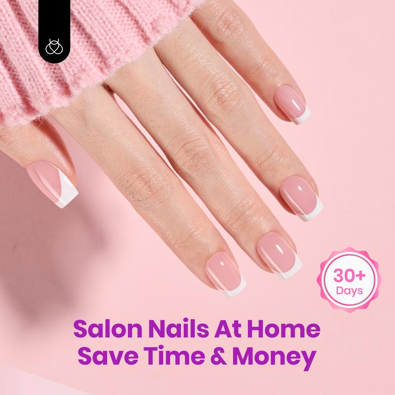 Beetles X Press On Nails Kit Short Square French Tip with 150Pcs Pink Tips Glue Remover Top Coat & Nail Lamp for Flawless DIY Nails